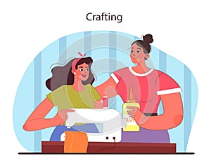 Crafting session concept. Friends sharing creative hobbies.