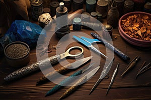 crafting tools arranged next to a half-finished knife