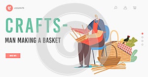 Craftman Character Weaving Basket Landing Page Template. Handmade Hobby, Business. Old Man Make Picnic Pannier