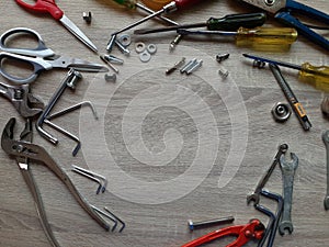 Craftman Tools On Tabletop Wood Surface Background