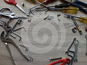 Craftman Tools On Tabletop Wood Surface Background photo
