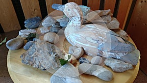 Crafts arragement, stones, wood animals