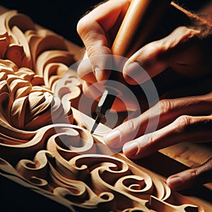 Craftsman carpenter carves ornate details in woodwork