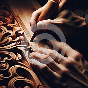 Craftsman carpenter carves ornate details in woodwork