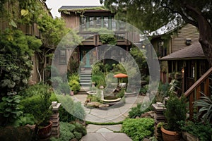 craftsman house with backyard garden and patio, surrounded by lush greenery