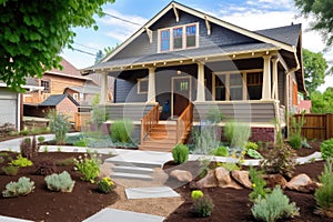 craftsman house exterior with front porch, pebbled walkway, and landscaping