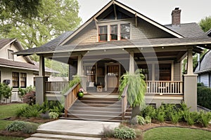 craftsman house exterior with porch swing, natural wood finish and hanging plants