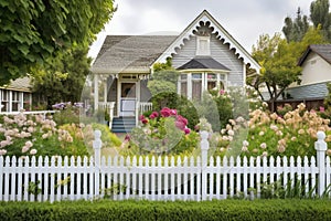 craftsman house exterior with white picket fence and lush garden