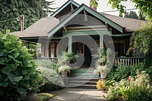 craftsman house with front porch and rocking chair, surrounded by lush greenery