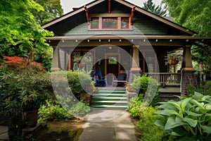 craftsman house with front porch and rocking chair, surrounded by lush greenery