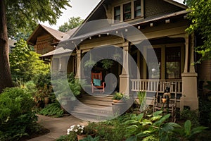 craftsman house with front porch and rocking chair, surrounded by lush greenery