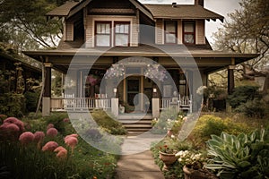 craftsman house with front porch and rocking chairs, surrounded by blooming flowers