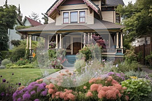 craftsman house with front porch and rocking chairs, surrounded by blooming flowers