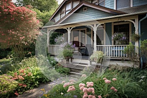 craftsman house with front porch and rocking chairs, surrounded by blooming flowers