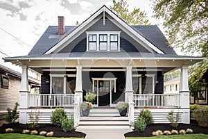 craftsman house with wraparound porch, white railing and black accents