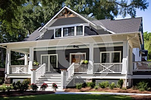craftsman house with wraparound porch, white railing and black accents