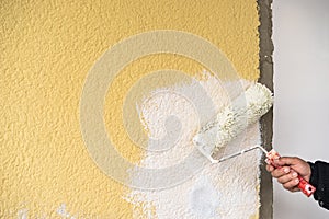 Manual worker paints wall white with painter roller, close-up