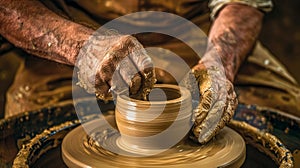 Craftsman shaping clay on pottery wheel