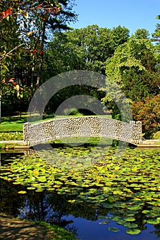 Craftsman Style Stone Bridge and Lily Pond
