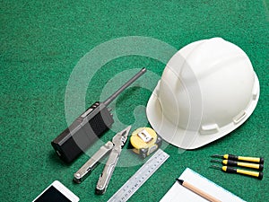 Craftsman tool, building equipment for man worker, safety white helmet, walkie-talkie, Portable radio transceiver, mobile phone, p