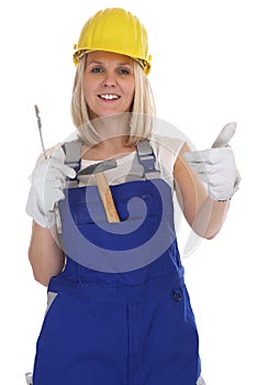 Craftsman woman female craftsmanship worker job thumbs up isolated