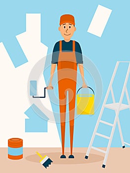 Craftsman worker paint the wall. Vector cartoon character in flat style design. Painter man holds paintroller and paint photo