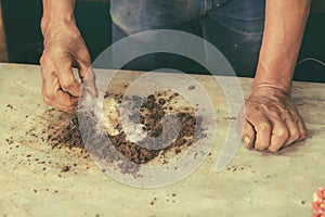 Craftsman working the clay with his hands to make figures for spectacular ornaments with clay, water, plants and mix everything