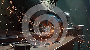 Craftsman working with grinder at industrial plant, man grinding edge of iron detail, sparks flying around and falling