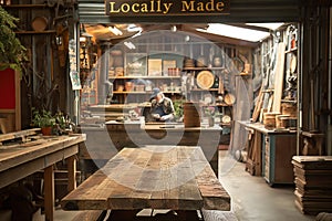 A craftsman works in a warmly lit, rustic woodshop surrounded by handmade pottery and woodcrafts, embodying skilled artisanship photo