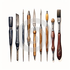 Craftsmanship Illustrated: Sculpting Tools On White Background