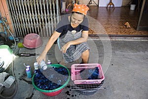 Craftsmanship of thai women or professional artist working batik ikat and tie dye color with ice dyeing pigments in handmade