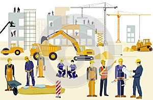 Craftsmen and construction workers on the construction site illustration