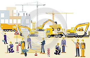 Craftsmen and construction workers on the construction site illustration