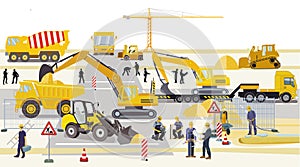 Craftsmen and construction workers on the road construction site illustration