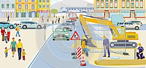 Craftsmen and construction workers on the road construction site illustration