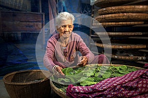Craftsmen of Thai Silk. Crafts and craftsmanship. Row of bamboo weave, Elderly women are raising silkworm cocoon combined with