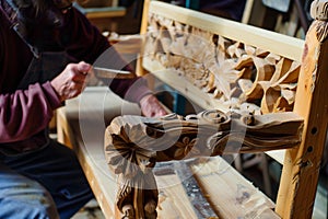 craftsperson assembling a handcarved pine bench