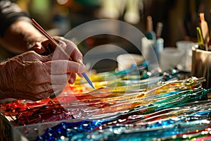 Craftsperson creating colorful glass art in a studio