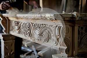 craftsperson dusting a newly carved wooden mantelpiece