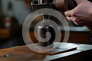 craftsperson embossing a logo on leather using a press