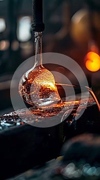 Craftsperson forming glass, hot furnace glow