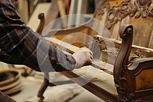 craftsperson inspecting the frame of a settee for restoration