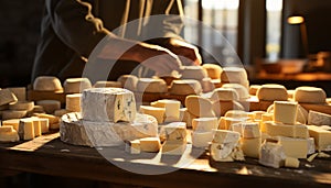 Craftsperson making gourmet cheese in a French food factory generated by AI