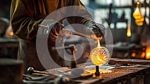 Craftsperson manipulating molten glass with tongs