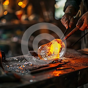 Craftsperson marvering glass in a glowing workshop