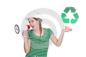 Craftswoman holding a recycling label