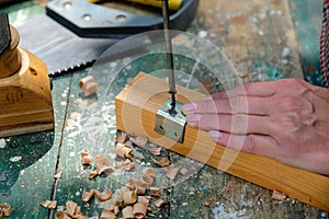 Craftswoman repair wooden furniture, screwing bracket to table leg. Woodwork concept
