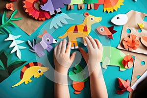 Crafty children: DIY paper animal decorations, top view