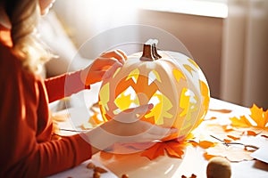 Crafty halloween: little girl\'s diy pumpkin decoration