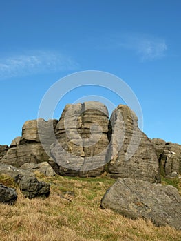 Craggy outcrops on the bridestones a group of gritstone rock formations in west yorkshire landscape near todmorden photo